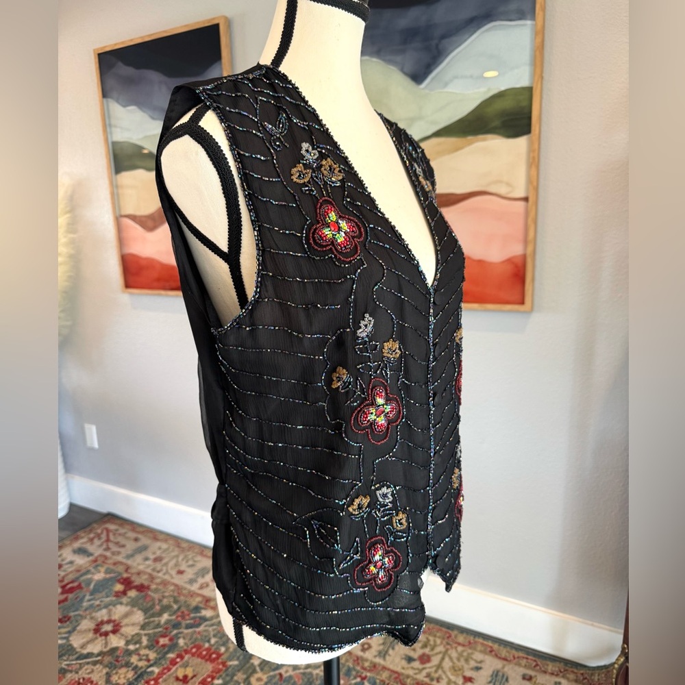 Vintage Embroidered Black Silk Floral Vest - Picture 3 of 11